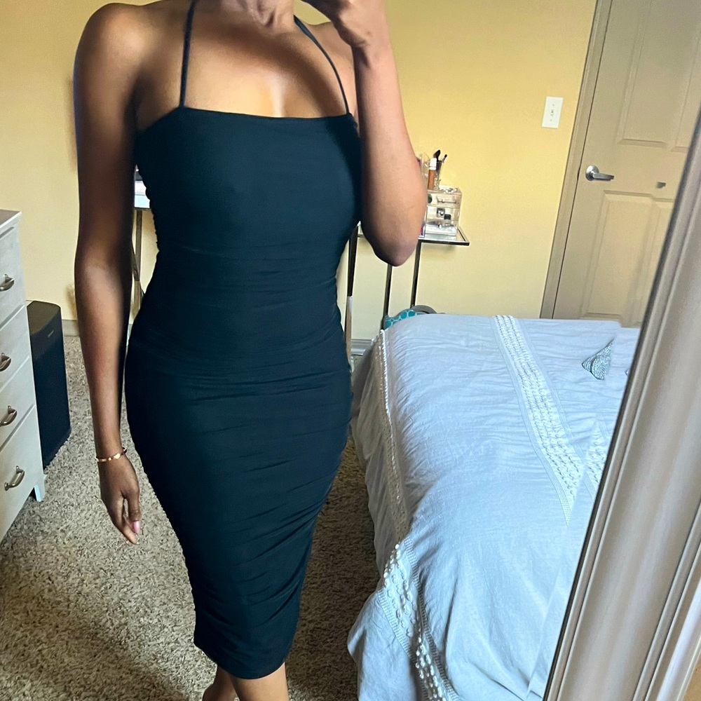 PrettyLittleThing Black Mesh Ruched Maxi Dress